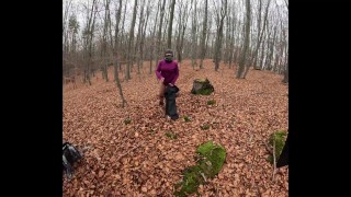 I'm quickly pissing in the autumn forest on a long hike, we are in a hurry