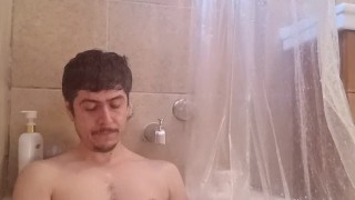 Handsome man explodes thick cum in the bathtube