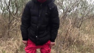 hairy latino man doesn't bother about cold weather and jerks off outside