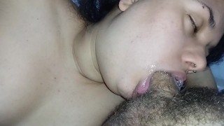 The bitch's blowjob goes deep on the hard cock, sucking and licking it to the core