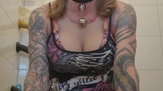 Sissy with caged clit rides a dildo