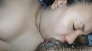 all the creampie dripping down the slut's big, fleshy lips, who sucks hard and deliciously