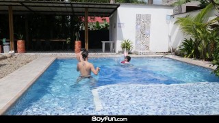 Cock crazed bottom boy Dylan Malik takes 2 big bare dicks poolside