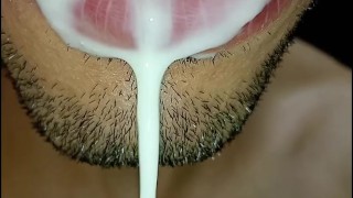 cum in my mouth, I play with your cum, and I swallow it, closeup, naughty gay, tongue, sloopy