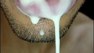 cum in my mouth, I play with your cum, and I swallow it, closeup, naughty gay, tongue, sloopy