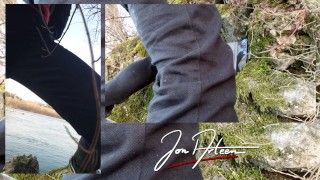 Gay Asian twink Jon Arteen wanks outdoor winter risky, ruined orgasm, big cumshot cleans sperm thigh