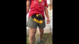Desperate after piss outside close to neighbors wearing silky lounge shorts