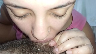 SLICKING THE DICK WITH HER DEEP BLOWJOB, SUCKING AND LEAVING THE CUCKOLD EXCITED