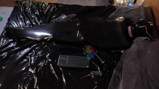 Cocooned in Latex and Teased with Buzzing Toys - rubber sack + toys + hood = HORNY!