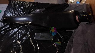 Cocooned in Latex and Teased with Buzzing Toys - rubber sack + toys + hood = HORNY!