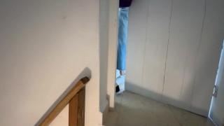 My girlfriend touches me on the stairs of our family home, we almost get caught!!