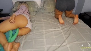 Piggy plays with her pussy on video call for her boyfriend with her blonde stepmom lying next to her