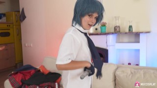 Hot naughty girl in her cosplay costume fucks herself with a glass dildo.