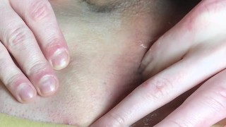 Playing with my tight asshole with fingers and black dildo closeup