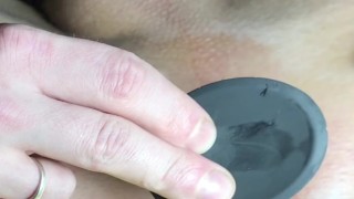 Playing with my tight asshole with fingers and black dildo closeup