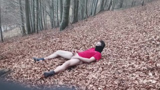 Real Public Amateur Forest Solo - Naked Guy Wanking on Ground to Big Cumshot