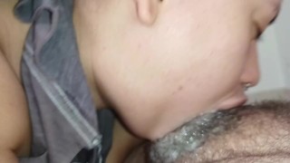 so greedy fucking her throat, punching and licking the cuckold's hard cock