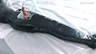 femboy in catsuit and thigh boots self mummified and CBT balls torture e-stimluation and cum
