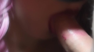CLOSE UP: Sensual blowjob ends in big cumshot - side view