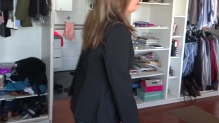 Beautiful stepmother dresses to go fuck, comes back and undresses, still aroused.