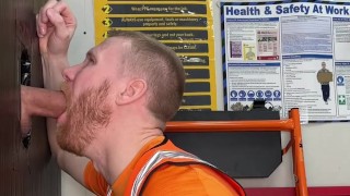 Hung group gloryhole Creampie Ginger Tradesman takes 3 XXL cocks.