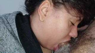 the slut's nervous tongue wiggling and licking all over the horny cuckold's hard cock