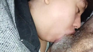 The bitch's lips reach the bottom of the hard cock with her insane and wet blowjob