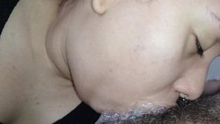 This bitch's insane blowjob makes the cuckold moan with lust, she's smeared with her saliva