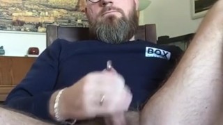 Stroking my fat hairy cut cock with PA piercing and hairy legs wide open