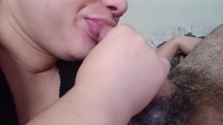 This bitch's fleshy lips fuck the cuckold's cock with lust, shaking and sucking hard