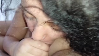 soft mouth wiggling her wet lips on the cock, masturbating and sucking hard