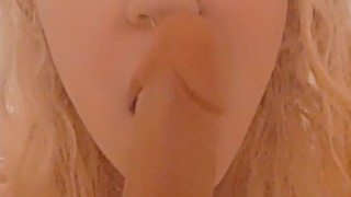 Kitten gives dildo head in the shower hot and steamy