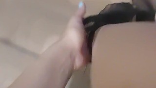 Hot sexwife flaunts stockings, legs, pounds toy deep, throats it, takes load, noir style!