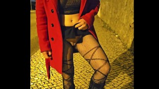 Showing off on the street in transparent clothes