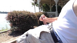 Public Jerking Off in my wife beater by the water in the cabana. Sagging in my boxers. Closeup cum