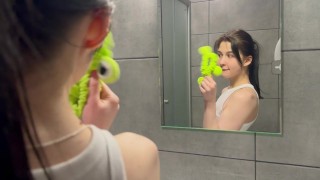 Hot brunette is getting ready for bed