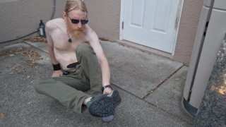 Stripping nude and stroking cock outside before work