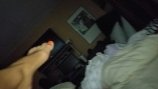 Tanned blonde lays on her side to get fucked and cream pied