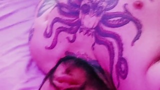 Tattooed Guy Masturbating in Bed