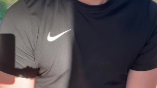 Risky outdoor cumshot in hot sport clothing
