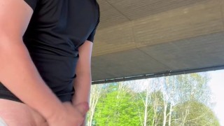 Risky outdoor cumshot in hot sport clothing