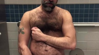 Risky Public Bathroom Wank Session Hairy Daddy Jerk and Cum