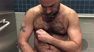 Risky Public Bathroom Wank Session Hairy Daddy Jerk and Cum