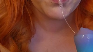 Redheaded girlfriend masturbates with her hitachi and trains her throat