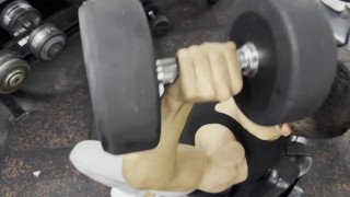 The gym employee looks at me while I flex in the dressing room role play show