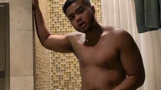Naughty trans man plays with clit in hotel pool public shower