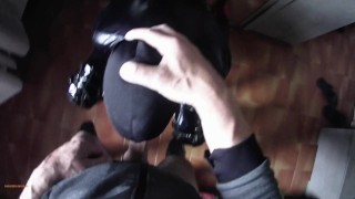 Milf tied to a chair, mouth fucked with ring gag and throatpie POV