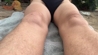 Topless Hairy Milf at the Beach 🏝️ Body Tour DJ Randomshuffle 🥥 Bush Peeking out of Swimsuit