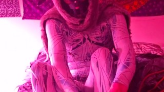 Puppy self bondage in body suit chains plug tail fetish solo gag mask