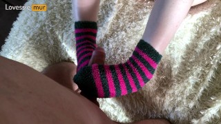I love jerking off a big dick with my feet in terry socks - Homemade footjob - Lovessie